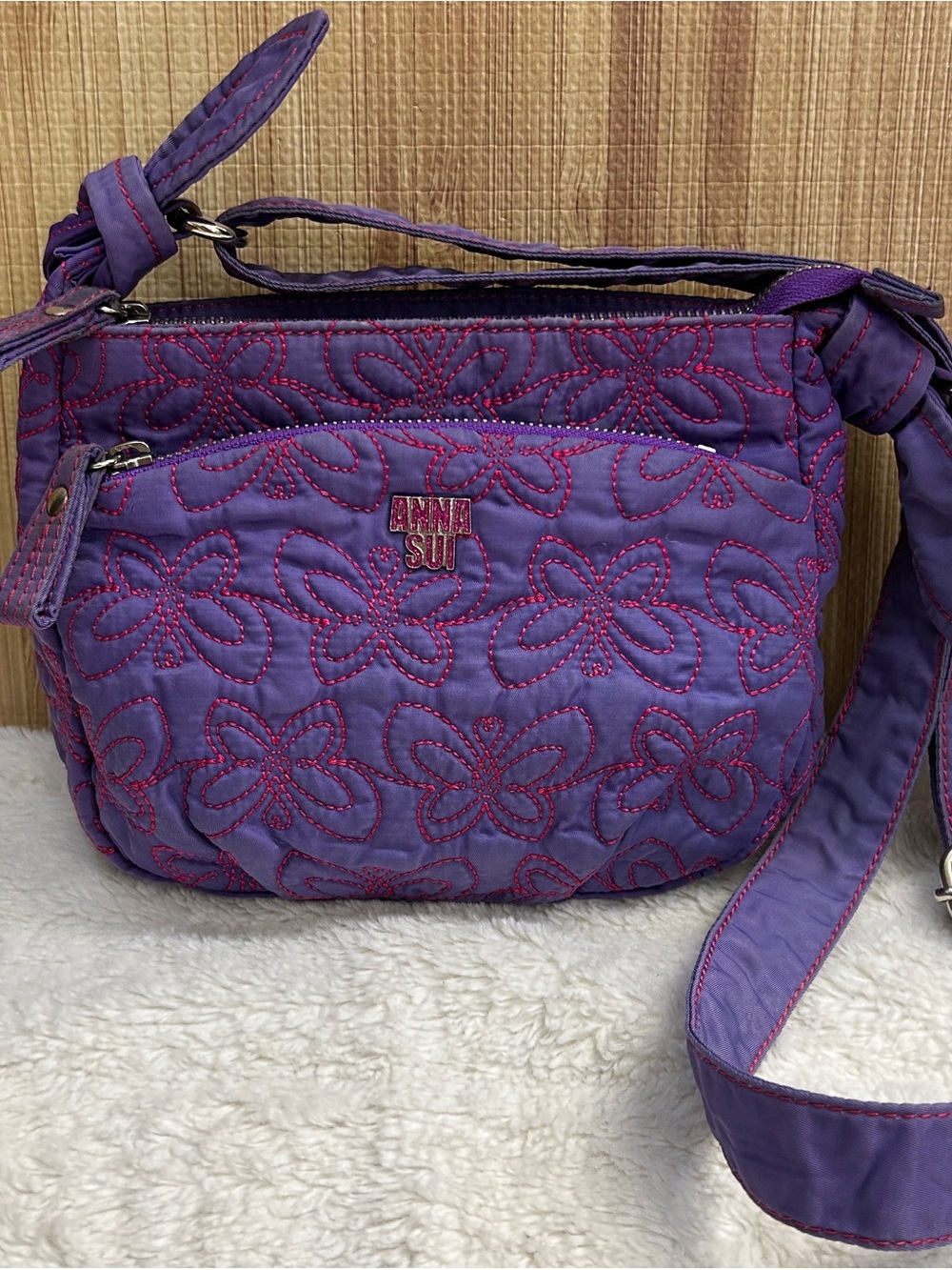 Anna Sui Quilted Butterfly Nylon Crossbody Bag Purple Pink Glitter Logo Flaw